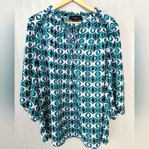 Como Black Green and White Graphic Blouse Geometric Semi Sheer Flowy